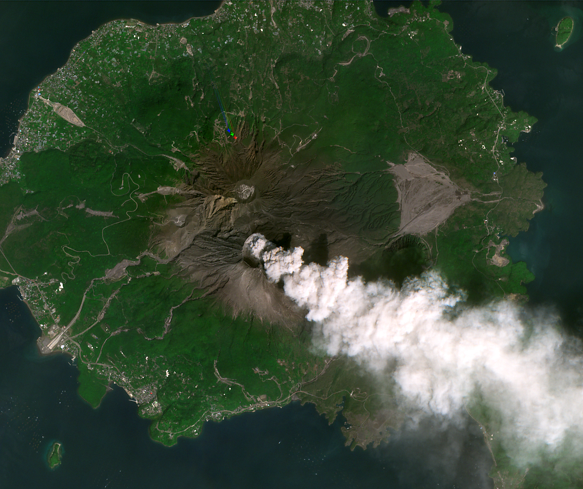 <i>Sakurajima erupting with aircraft (indicated by Planebow) flying near plume, Japan 31.583°N, 130.65°W 1117 m (Sentinel-2, ESA)</i>